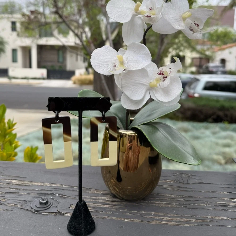 Brown and off White buffalo horn lacquer earrings